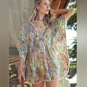 Victoria Secret Boho Paisley Swim Cover Up Sz M Plunge Neckline with Pom trim